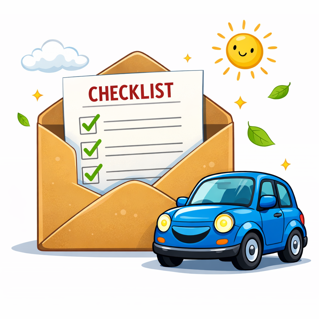 an evelop with a checklist and a car all animated